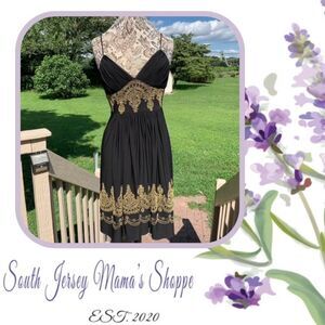 Night Way Collection Size 8 Spaghetti Strap Black Gold Beaded  Dress (C178)